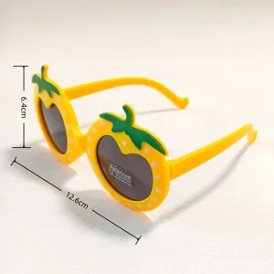 Kids strawberry sunglasses detail view, cute yellow polarized lenses, UV protection, 12.6cm size