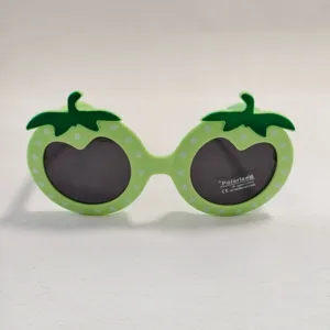 Kids cute cartoon strawberry sunglasses with polarized UV400 protection green frames.