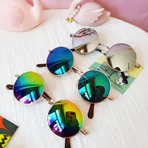 Kids round metal sunglasses with colorful reflective lenses, stylish retro baby eyewear for daily wear.