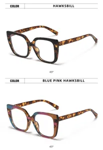 Modieuze oversized blauwlichtfilter bril met trendy schildpad en kleurenblok montuur.