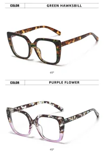 Gedetailleerd overzicht van trendy oversized blauwlichtbril met stijlvol schildpadmontuur.
