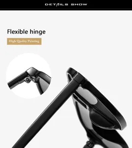 Nahaufnahme Scharnier Detail der schwarzen Sonnenbrille mit flexiblem Design und Lackierung.