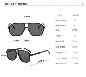 Retro Doppelsteg Sonnenbrille mit PC Rahmen und AC Gläsern, unisex Design, 55mm Glasbreite.
