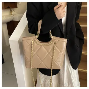 Chic beige quilted chain tote bag for women, large capacity stylish shoulder handbag 2025