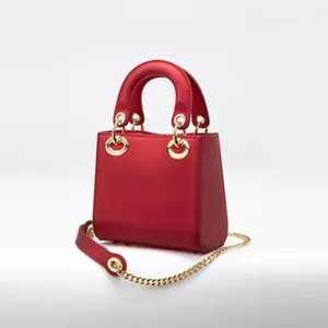 Detailed view of a red mini top handle shoulder bag with golden hardware and chain strap.