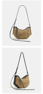 Detail view of woven straw shoulder bag with black leather trim, stylish summer commuting.
