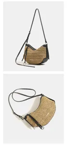 Straw woven crossbody bag for women, stylish summer beach shoulder bag with black trim.
