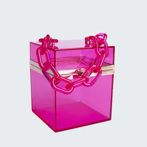 Clear detail shot of a bright pink transparent acrylic box handbag with chunky chain handle.