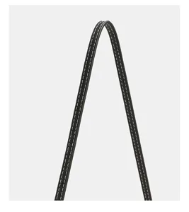 Black leather handbag strap detail with white contrast stitching closeup view clean design.