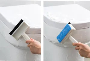 Brosse de nettoyage double face avec raclette et éponge pour carrelage et vitres.