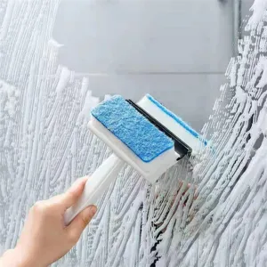 Brosse de nettoyage de fenêtre double face avec éponge et raclette pour verre de salle de bain.