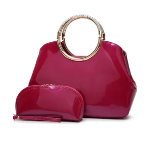 Bolso de Mano de Cuero Patentado para Mujer Juego de Bolsos Madre e Hija Elegante Bolso de Hombro con Asa Redonda de Metal