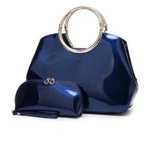 Set de bolso de mano de charol para mujer azul brillante bolso de asa y cartera.