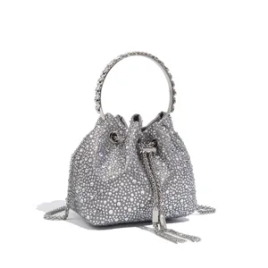 Strass Kristall Abend Eimer Tasche Detail, silberner glitzernder Metallring und Kette.