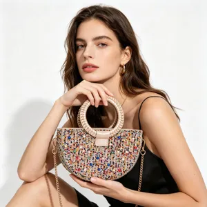 Women evening handbag with colorful rhinestones braided handle shoulder chain crossbody bag