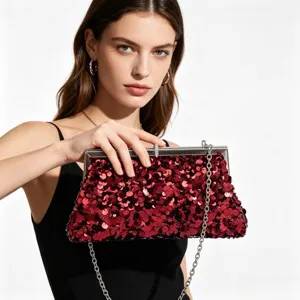 Elegant red sequin evening clutch bag with metal chain strap for women party dresses.