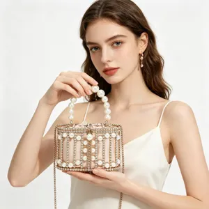 Metal Cage Pearl Evening Bag Handmade Hollow Rhinestone Handbag Elegant Luxury Wedding Party Purse Women Clutch Bag
