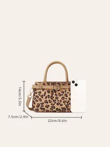 Leopard print cork handbag with shoulder strap and clear dimension details for daily use.