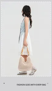 Handmade crochet cotton tote bag for women, stylish wooden bead handle beach shoulder bag.