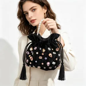 Women Fashion Bucket Bag PU Leather Pearl Handle Rhinestone Handbag Casual Drawstring Shoulder Crossbody Bag