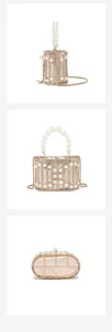 Pearl rhinestone cage evening bag detail showing exquisite metalwork and elegant satin lining.
