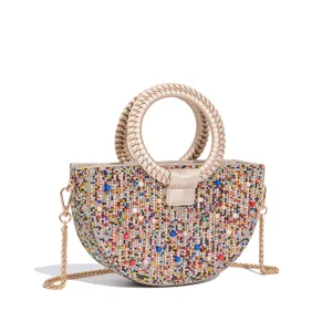 Luxury rhinestone pearl half-round evening handbag chic chain shoulder crossbody bag