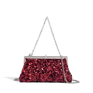 Stunning red sequin evening clutch bag with silver chain strap, elegant party bag for women.