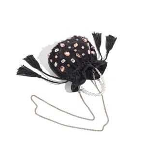 Black satin rhinestone bucket bag with pearl handle and stylish black tassels for women.