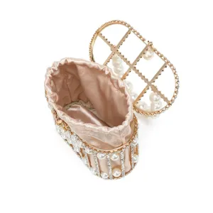 Exquisite metal cage pearl evening bag with satin pouch and rhinestone inlay for women parties.