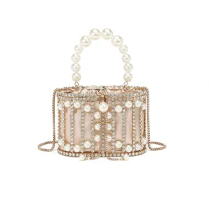 Elegant pearl and rhinestone metal cage evening bag showcasing front main product view.