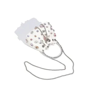 Sac seau blanc en strass avec bandoulière chaîne en métal et poignée anneau pour femmes chic