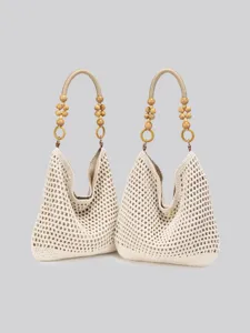 Womens Large Capacity Beach Vacation Tote Bag Hand Knitted Cotton Thread Woven Shoulder Bag Casual Hollow Out Handbag
