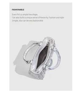 Silver rhinestone handbag for women, luxury glitter evening purse with top handle and zip.