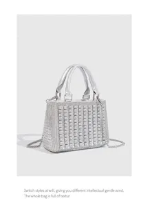Silver rhinestone evening handbag, sparkling crystal shoulder crossbody bag with elegant top handles.