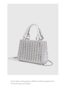 Silver rhinestone handbag for women, luxury glitter evening shoulder bag with top handle.
