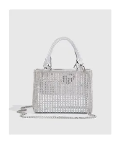 Silver rhinestone evening bag, elegant small top handle crossbody shoulder bag for women.