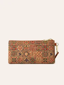 Vintage cork wallet for women, bohemian floral print zip clutch purse, stylish long coin pouch.