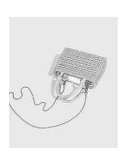 Details of silver rhinestone evening bag, mini luxury shoulder crossbody purse for women and girls.
