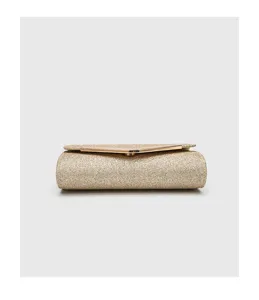 Gold glitter evening clutch bag, elegant metallic V-closure party handbag detail view.
