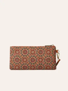 Close-up view of the vintage bohemian floral print texture, top zipper and side wrist strap.