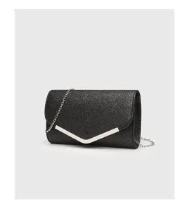 Black glitter evening clutch bag with chic V-shaped metal accent and silver chain.