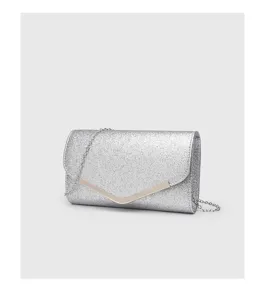 Detailed close-up view of the silver glitter evening clutch bag with chic chain strap.