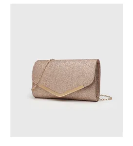 Glitter clutch bag with gold chain strap, elegant evening shoulder bag for women parties and events.