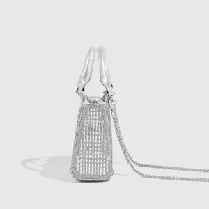 Silver rhinestone evening bag for women, luxury crystal handbag with chain strap, stylish clutch.