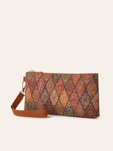 Bohemian print vintage women's clutch wallet, long zipper coin purse with wrist strap.