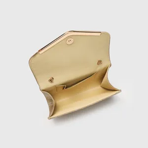 Elegant gold glitter clutch evening bag with metallic frame and chain strap for women.