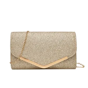 Gold glitter evening clutch bag for women, stylish V-clasp cross-body chain shoulder bag.