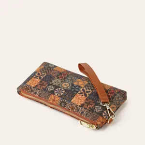 Bohemian vintage print long zipper wallet clutch bag with wrist strap main product view
