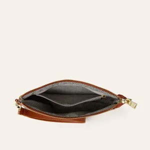 Womens brown PU leather clutch wallet zippered wristlet with chevron lining main view