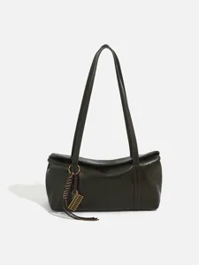 Dark green vintage textured shoulder bag, retro minimalist daily tote underarm bag for women.